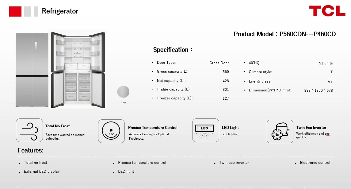 Réfrigérateur TCL 4 Portes Inox 560 L